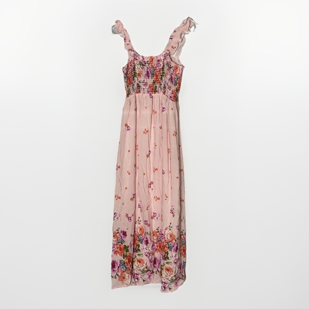 Pink Floral Maxi Dress Womens Small Cottagecore Smocked Boho Prairie Spring Twee